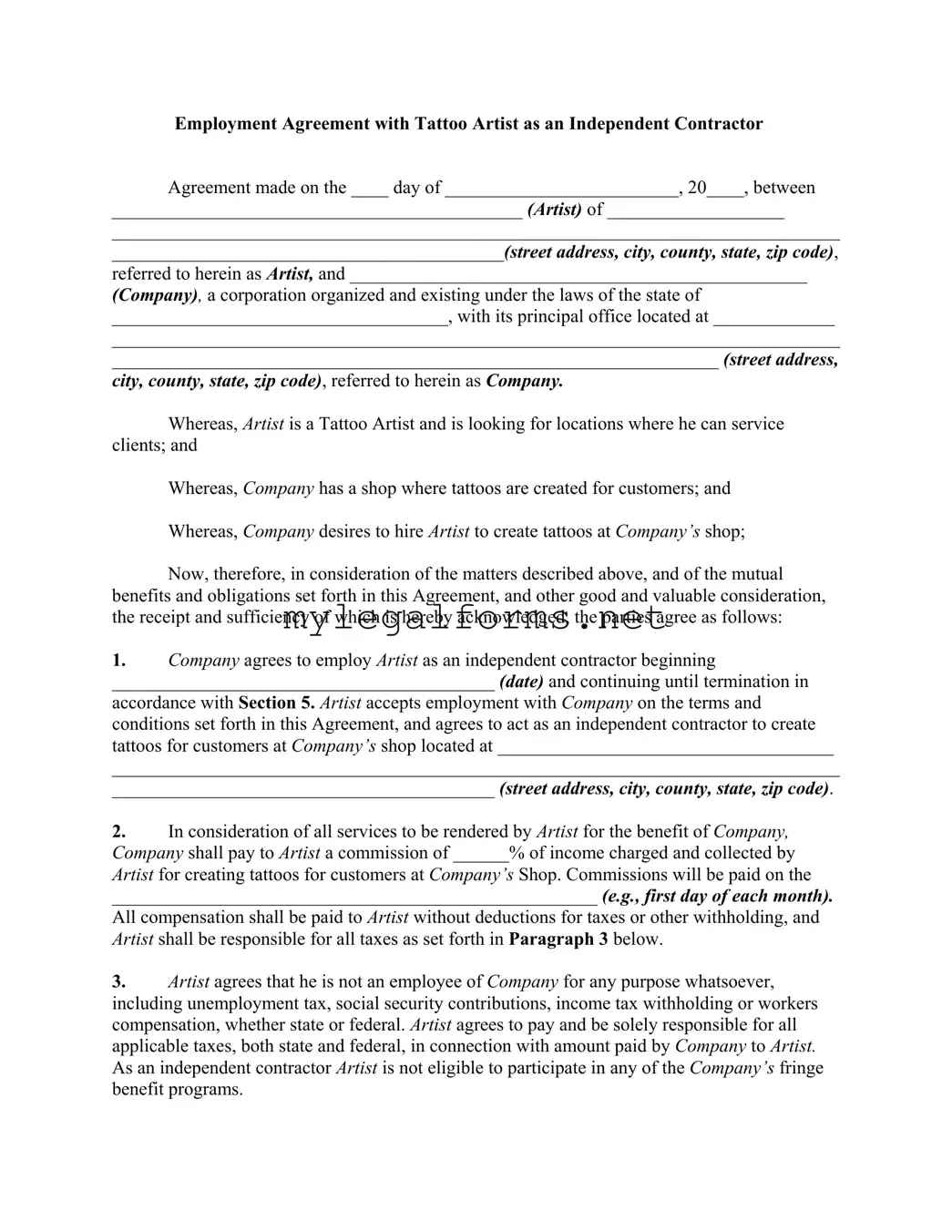 Tattoo Shop Artist Agreement Template