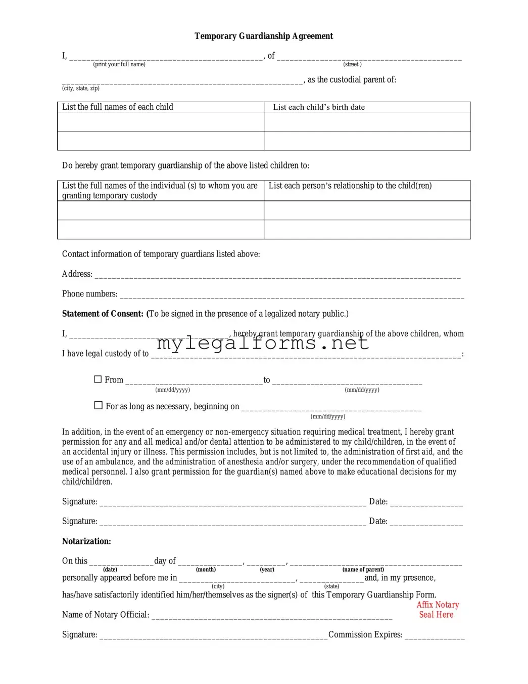 Temporary Custody Template