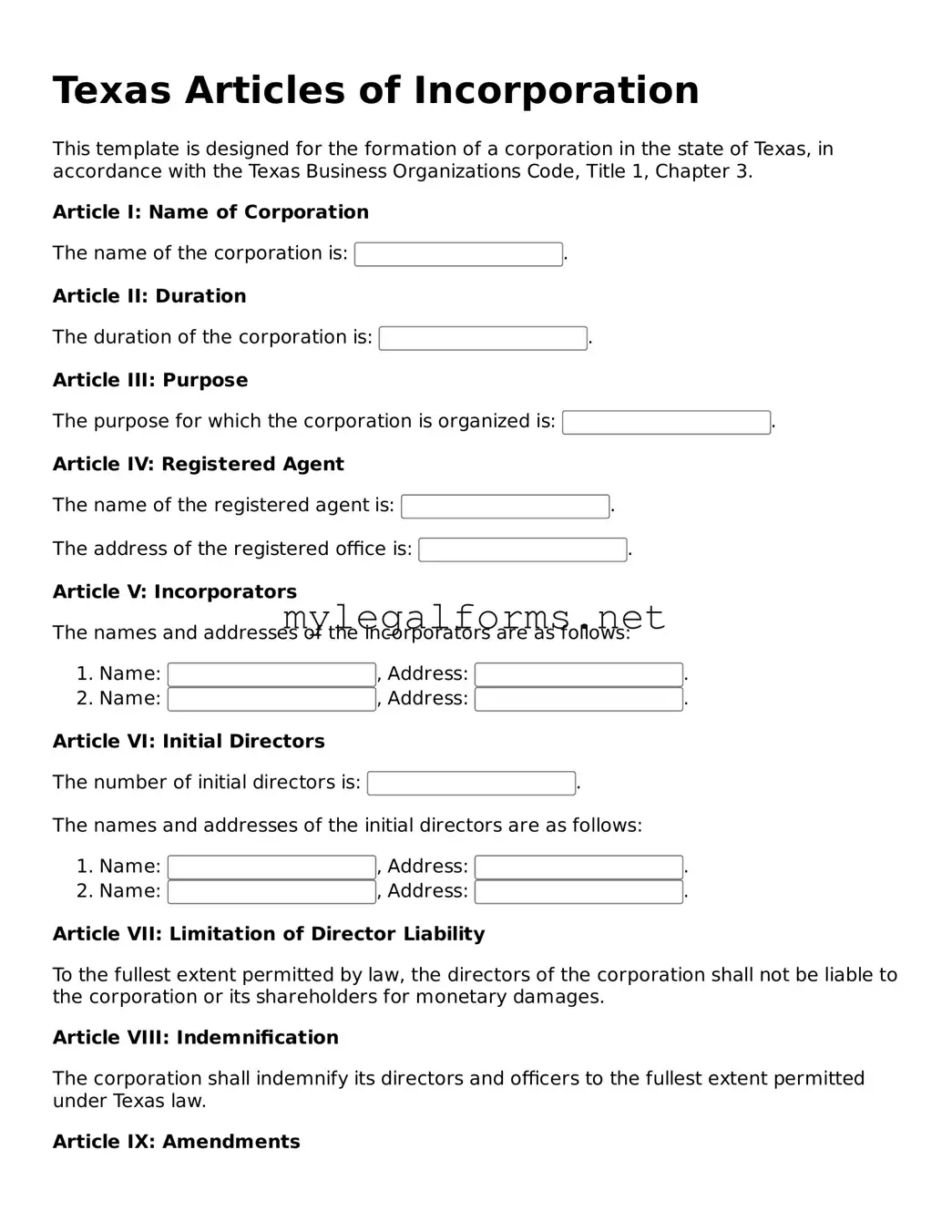Articles of Incorporation Document for Texas State