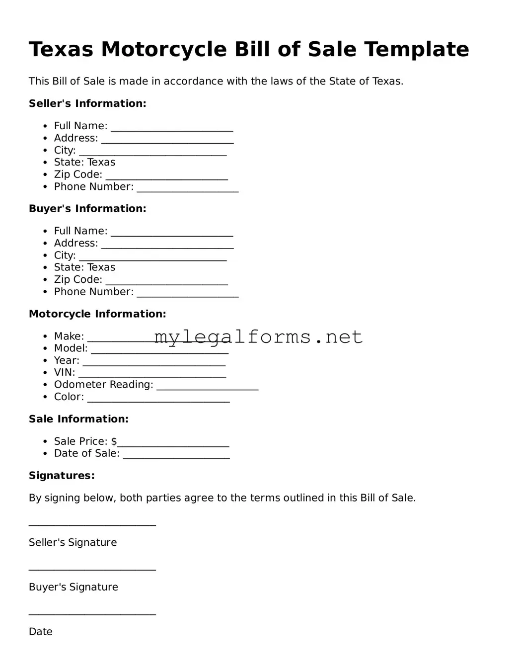 Motorcycle Bill of Sale Document for Texas State