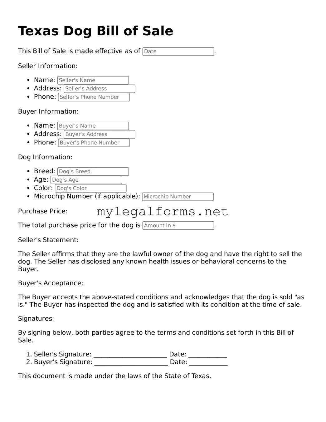 Dog Bill of Sale Document for Texas State