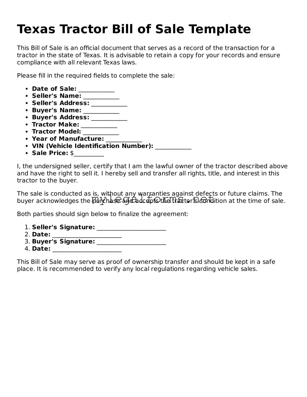Tractor Bill of Sale Document for Texas State