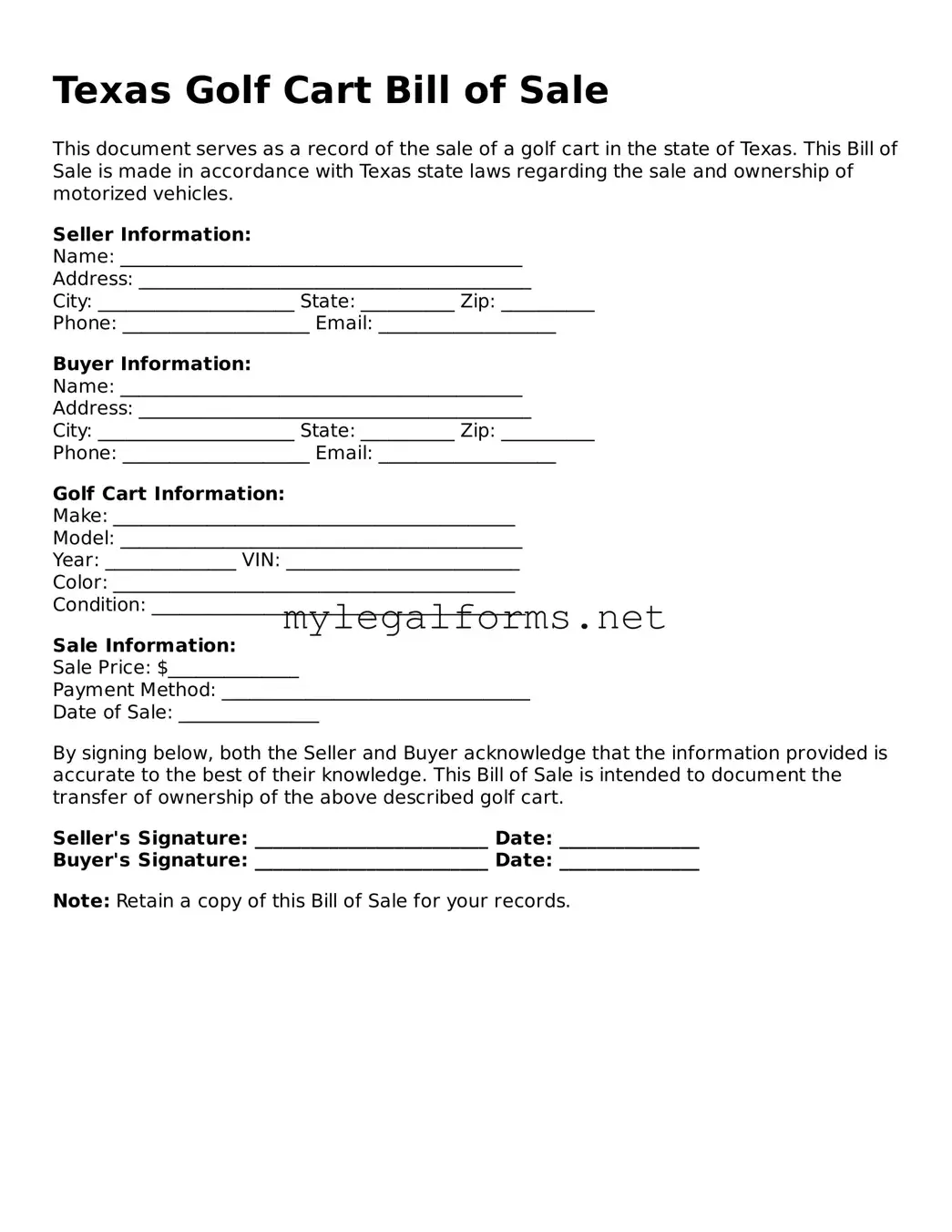 Golf Cart Bill of Sale Document for Texas State