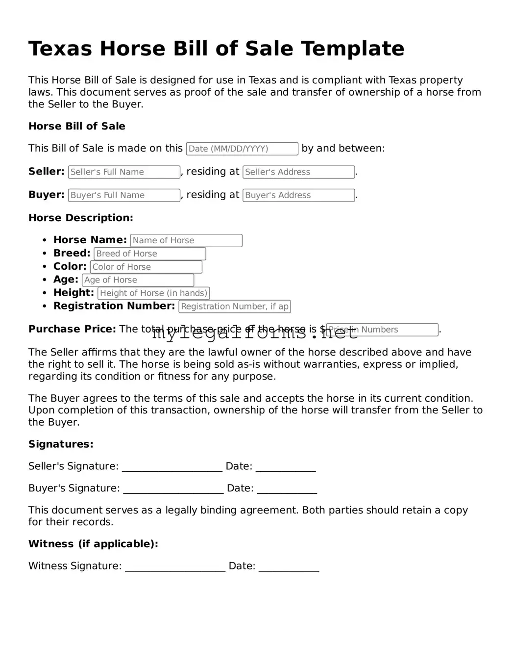 Horse Bill of Sale Document for Texas State