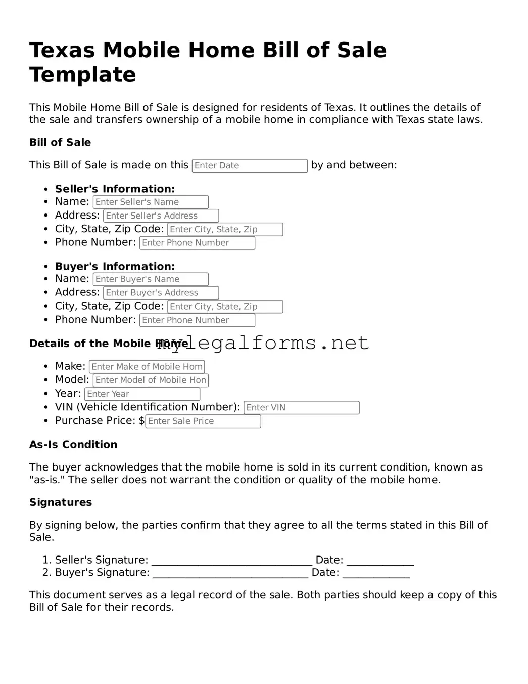 Mobile Home Bill of Sale Document for Texas State
