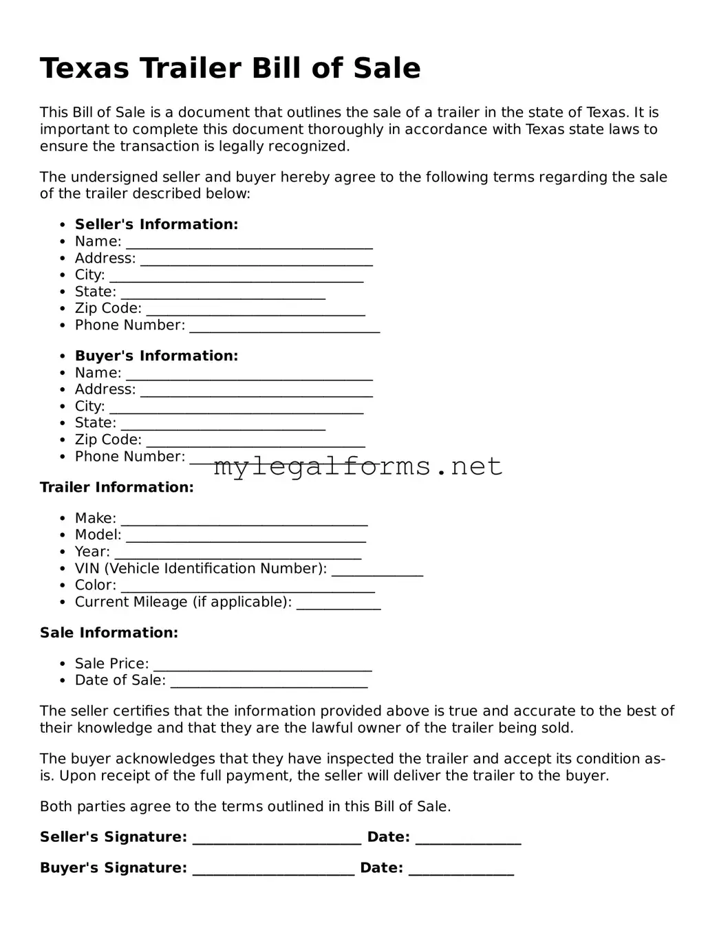 Trailer Bill of Sale Document for Texas State