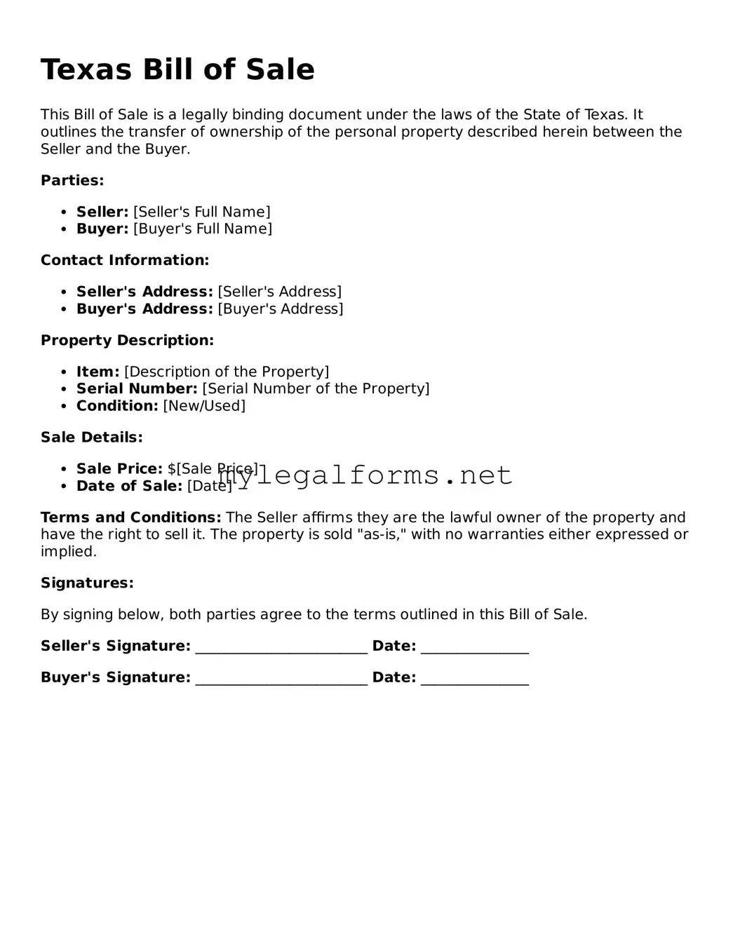 Bill of Sale Document for Texas State
