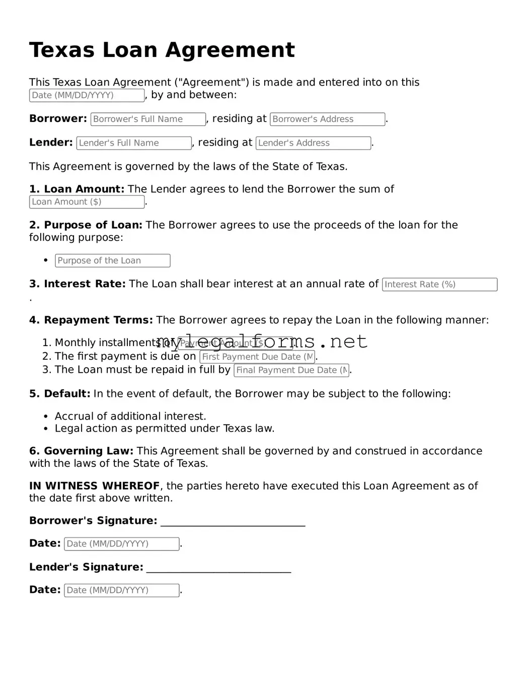 Loan Agreement Document for Texas State