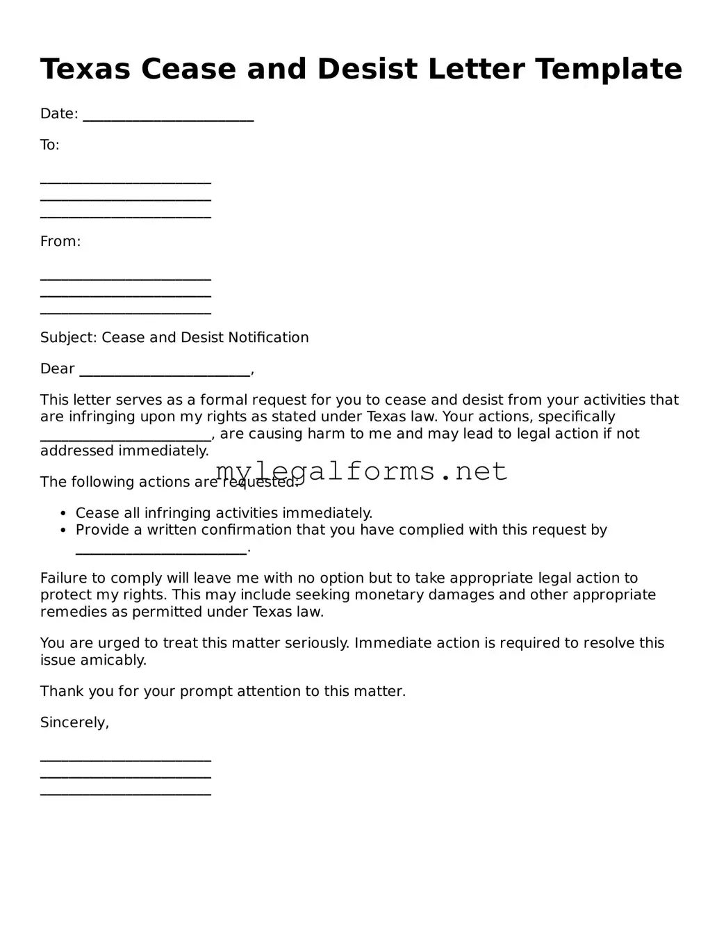 Cease and Desist Letter Document for Texas State