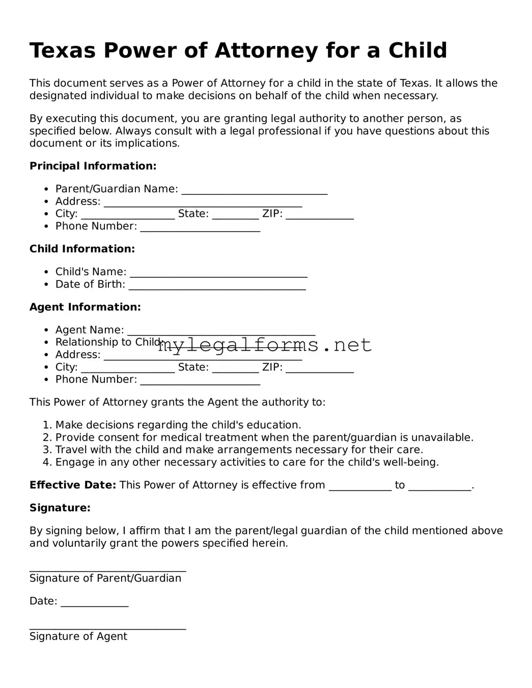 Power of Attorney for a Child Document for Texas State