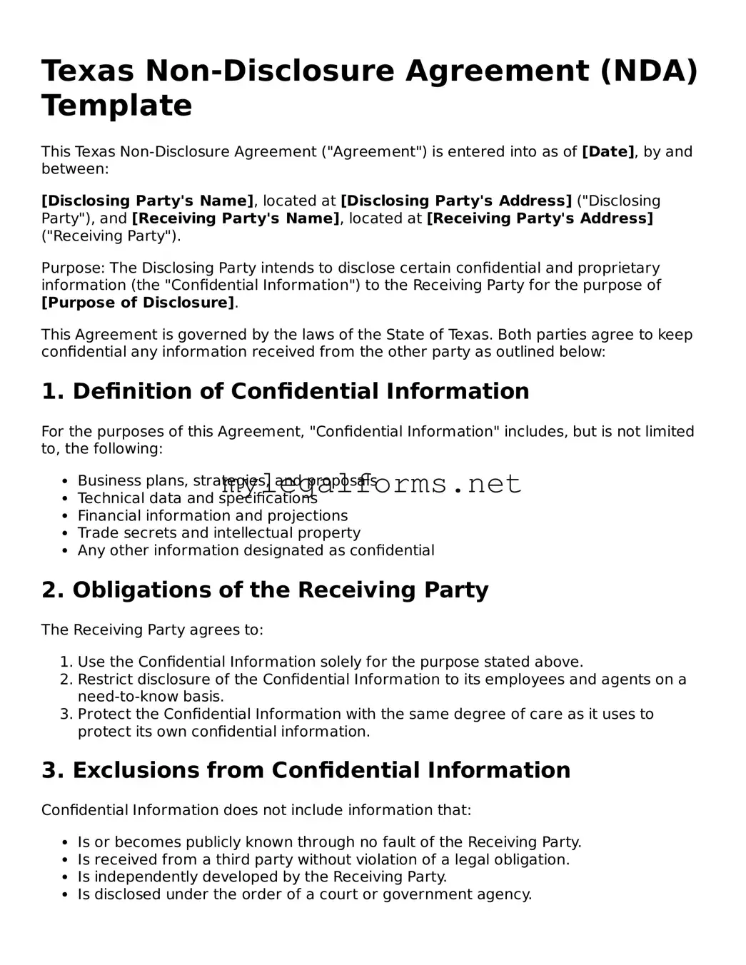 Non-disclosure Agreement Document for Texas State