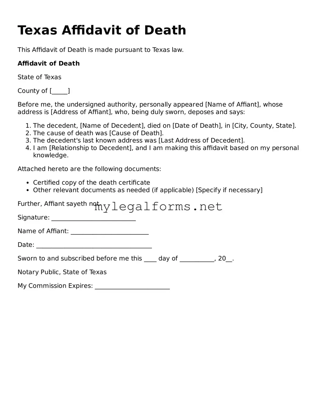 Affidavit of Death Document for Texas State