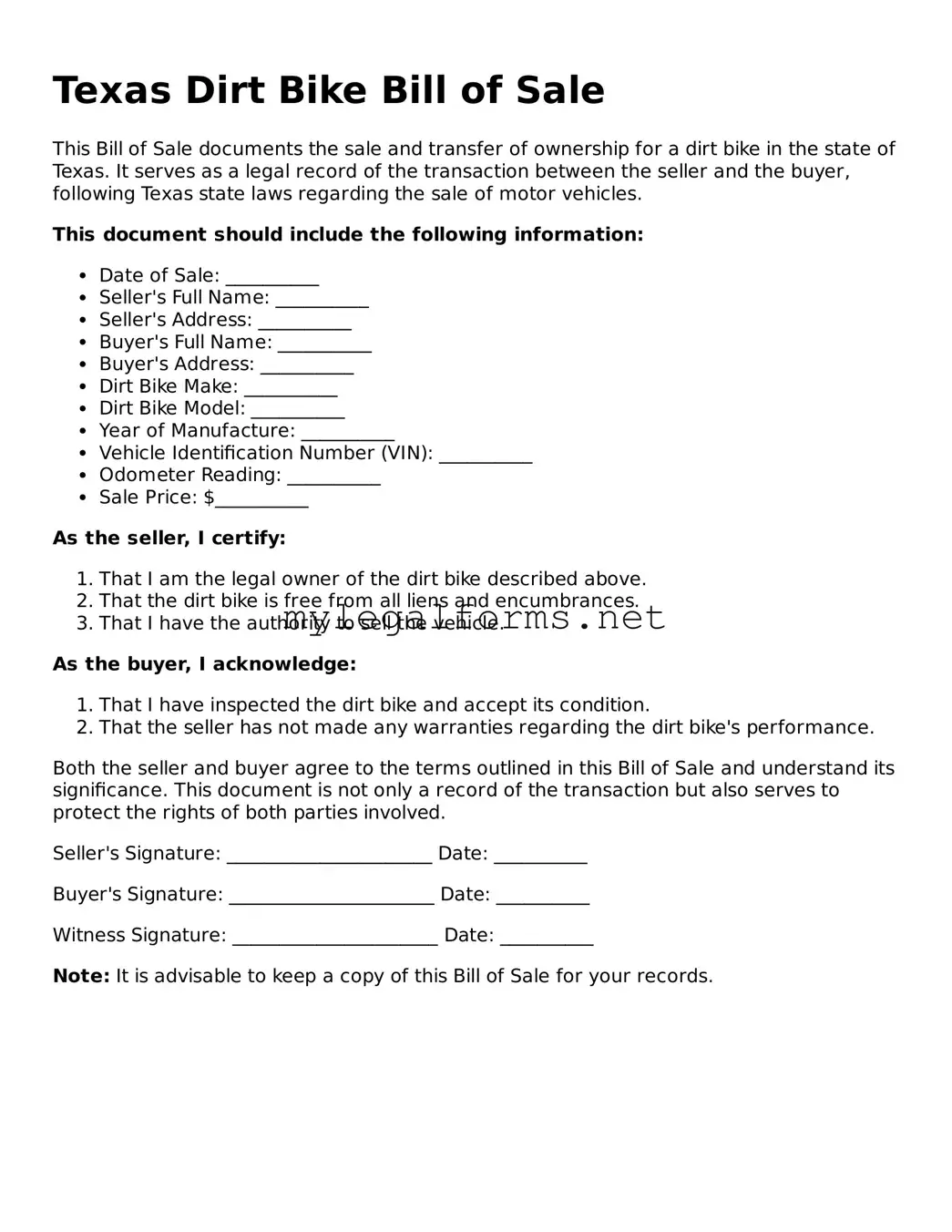 Dirt Bike Bill of Sale Document for Texas State