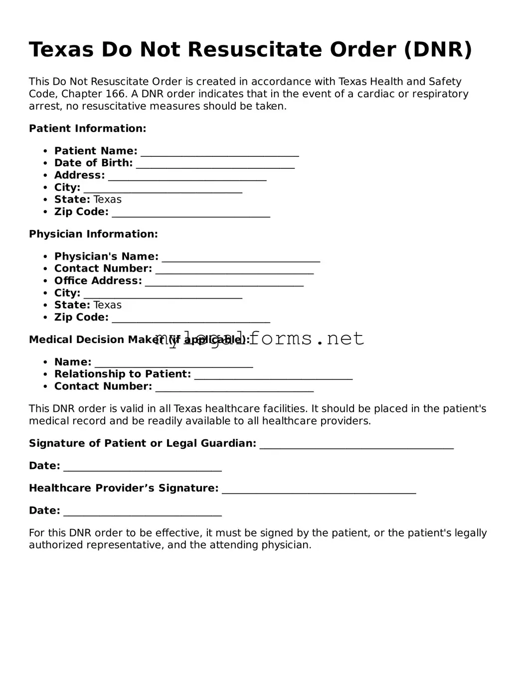 Do Not Resuscitate Order Document for Texas State