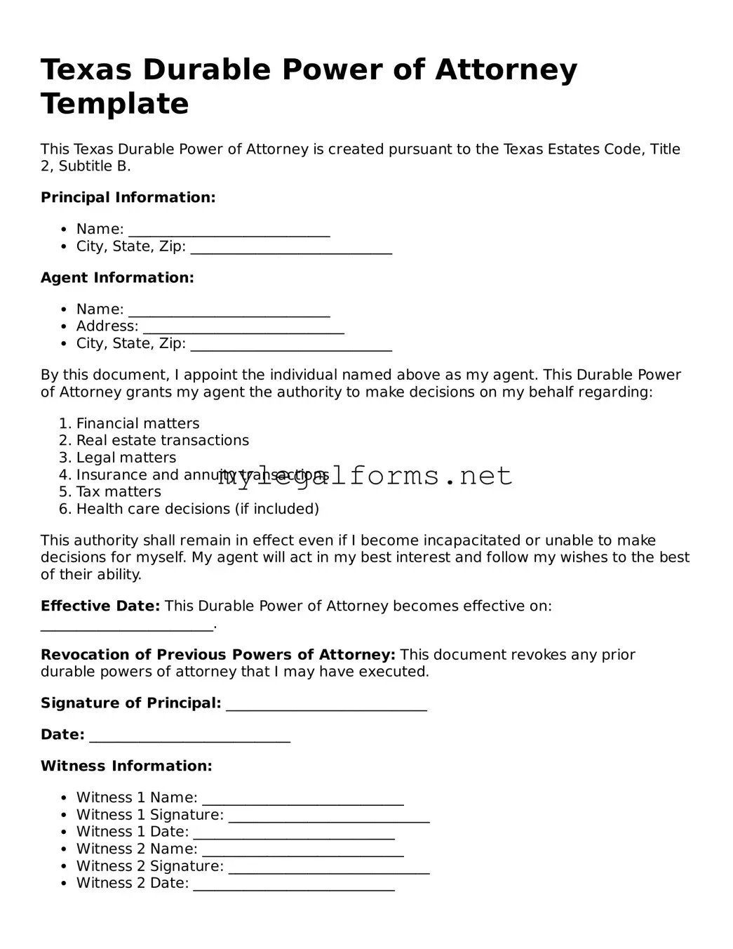 Durable Power of Attorney Document for Texas State