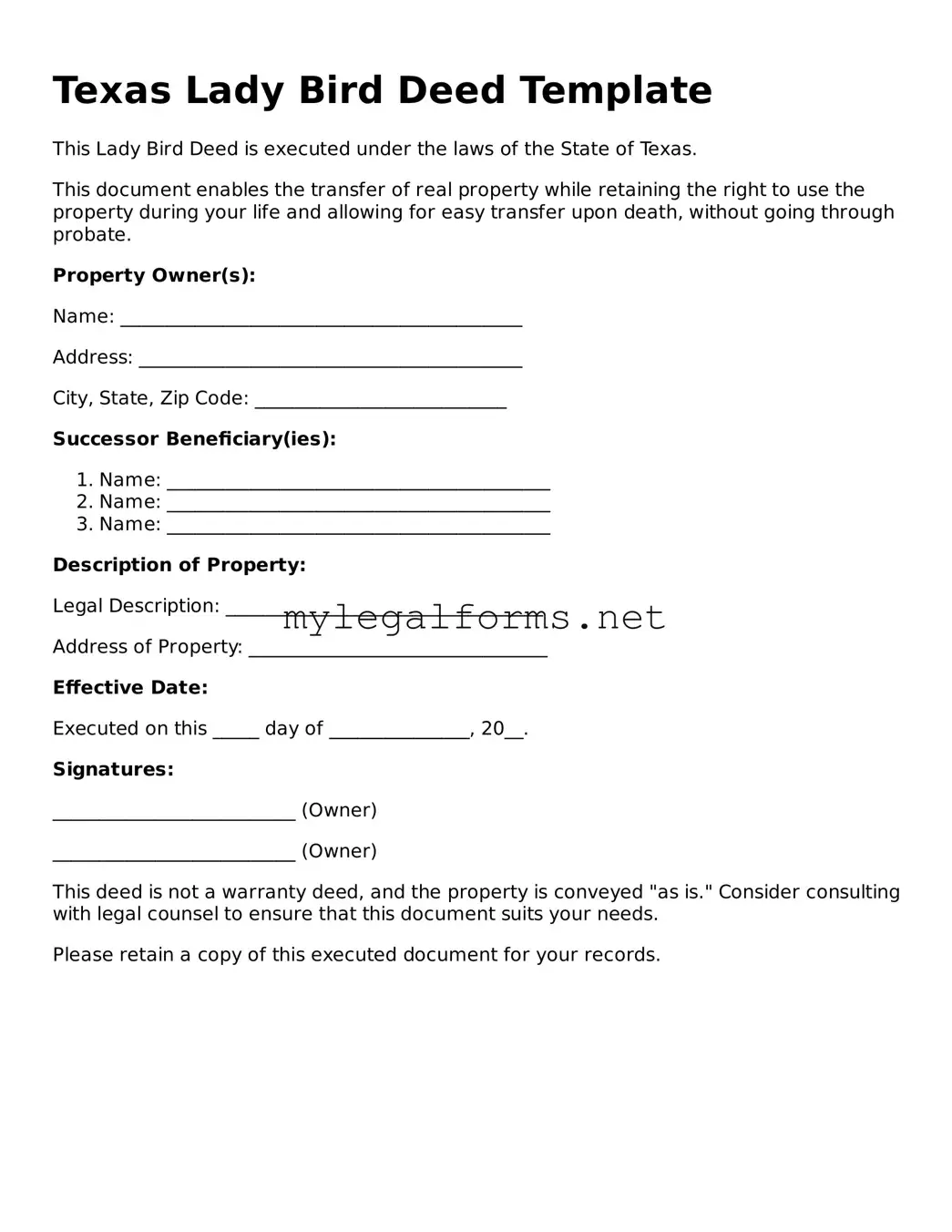 Lady Bird Deed Document for Texas State