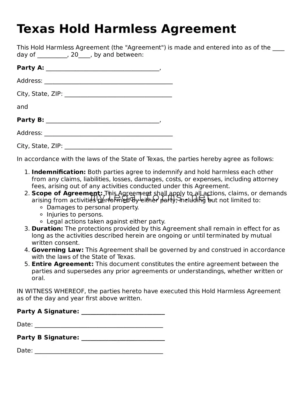 Hold Harmless Agreement Document for Texas State