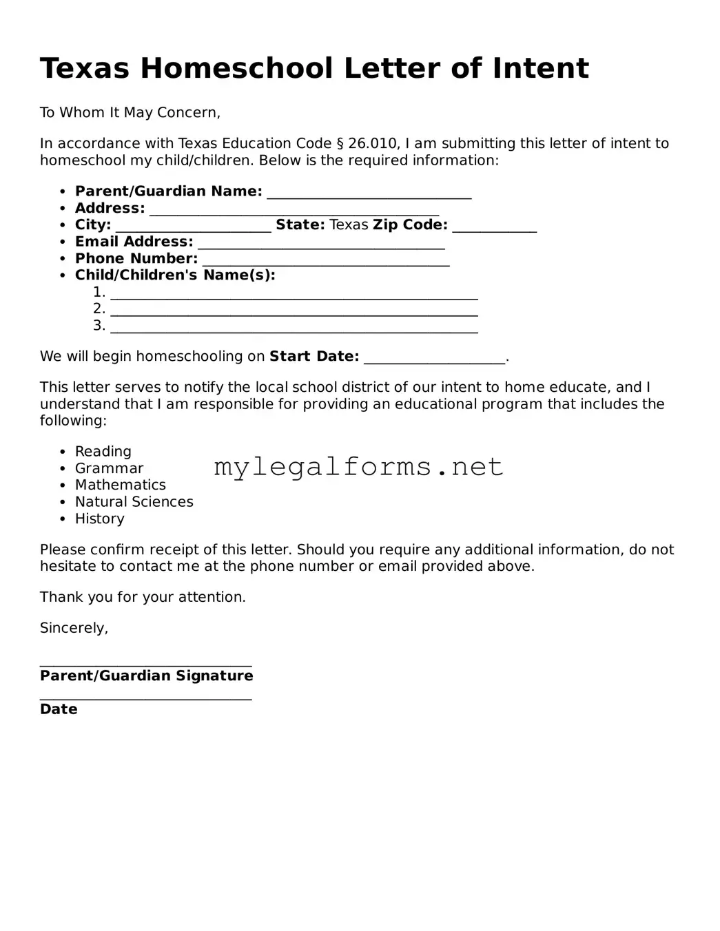 Homeschool Letter of Intent Document for Texas State