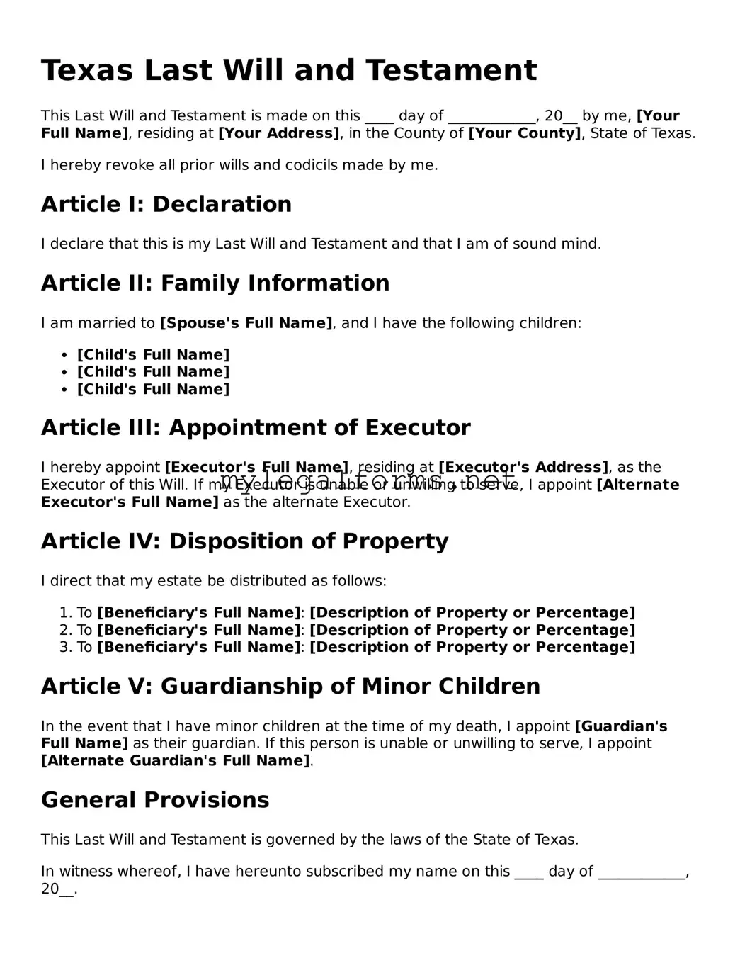 Last Will and Testament Document for Texas State