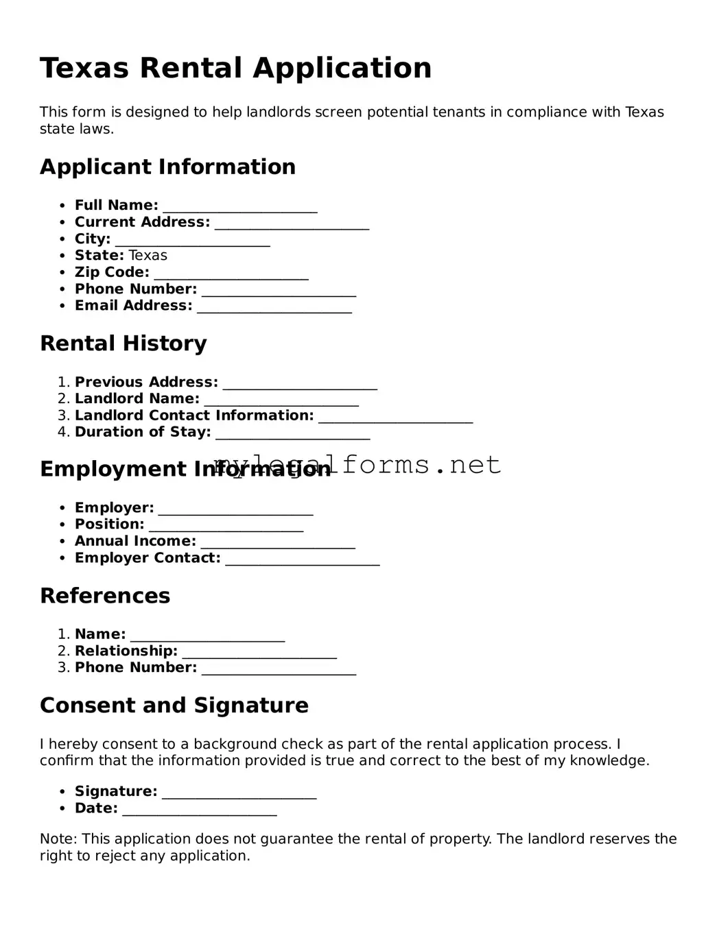 Rental Application Document for Texas State