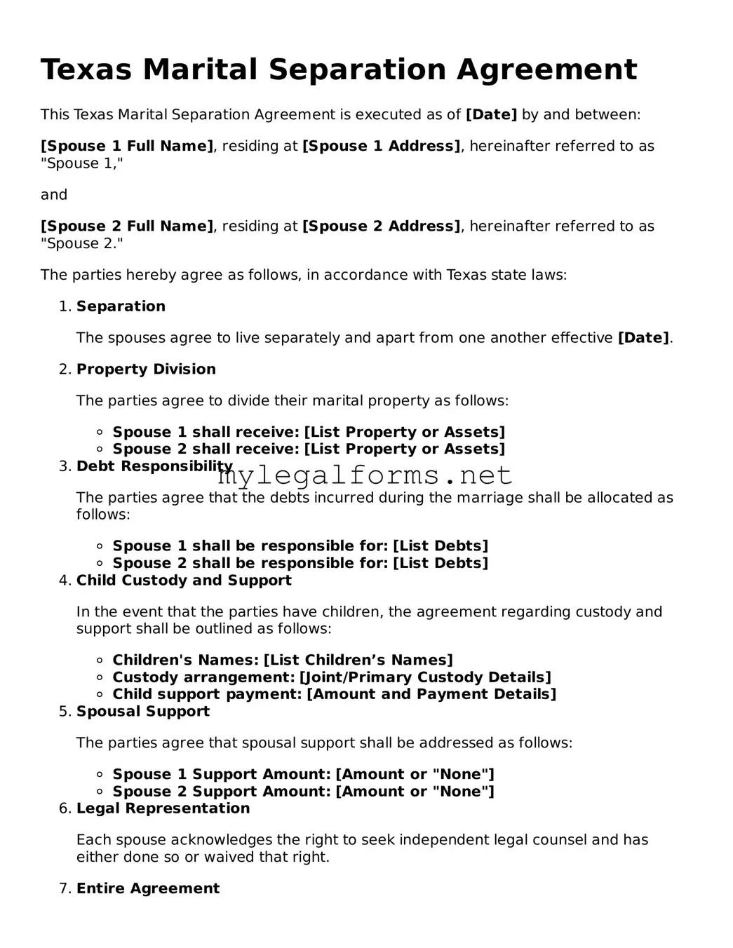 Marital Separation Agreement Document for Texas State