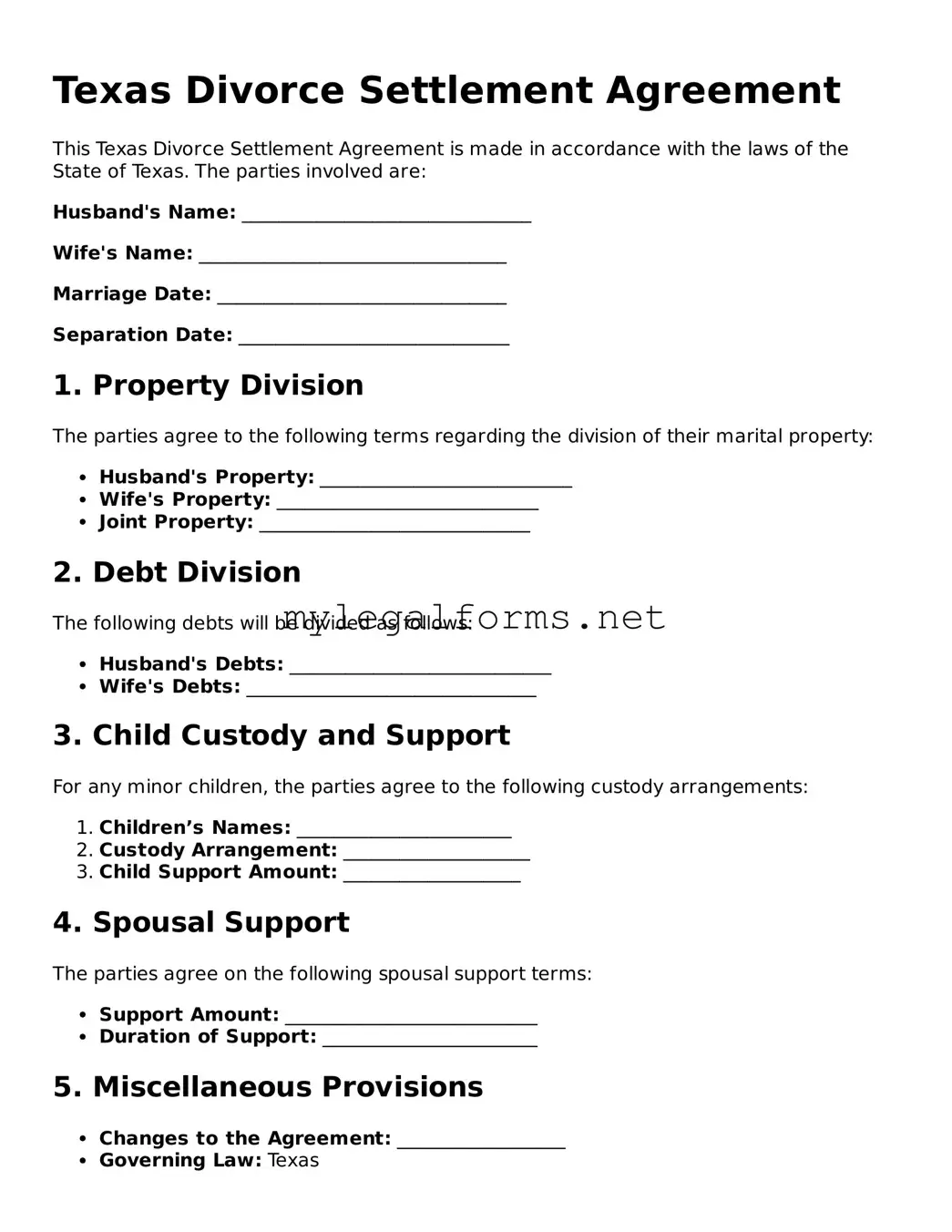 Divorce Settlement Agreement Document for Texas State