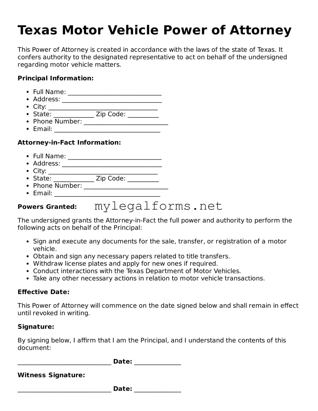 Motor Vehicle Power of Attorney Document for Texas State