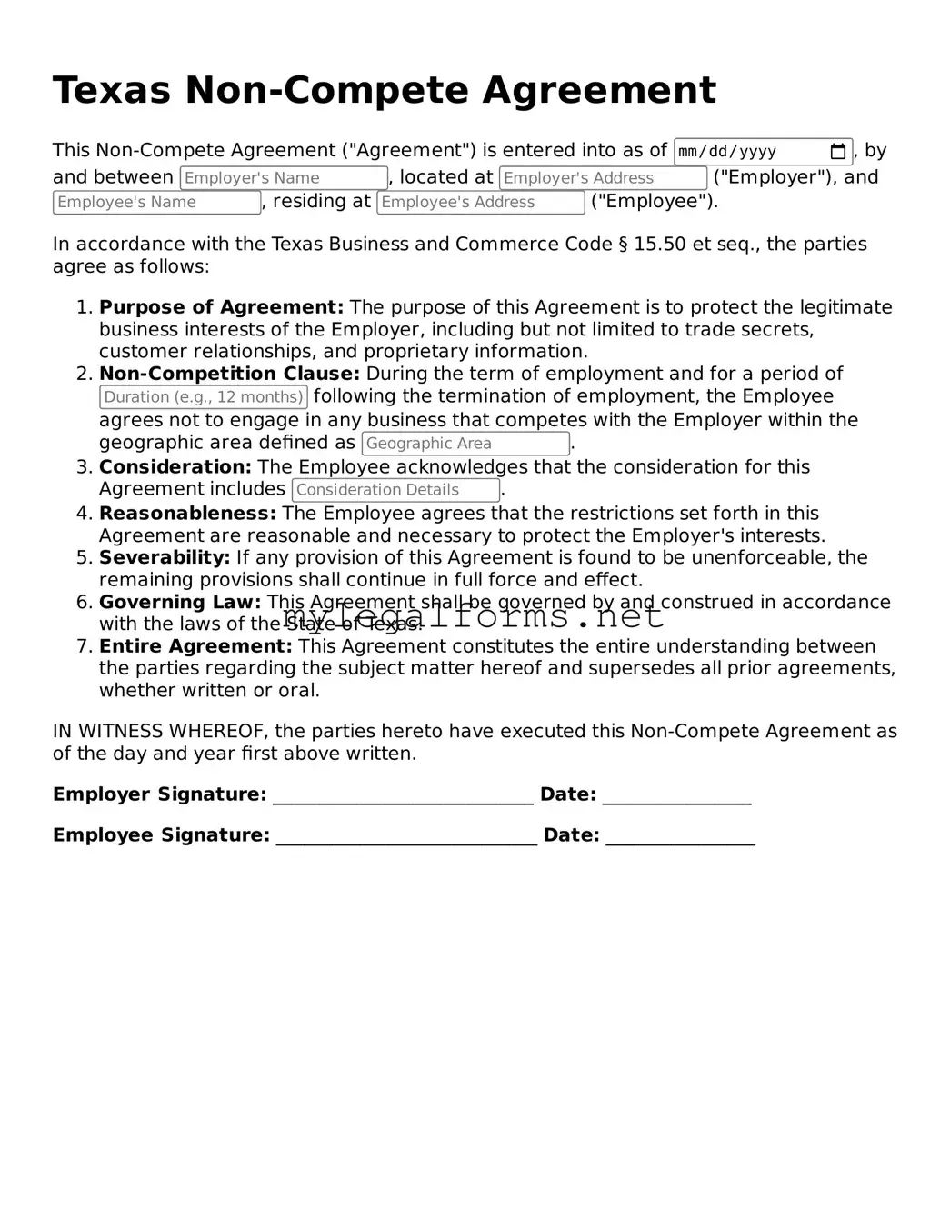 Non-compete Agreement Document for Texas State