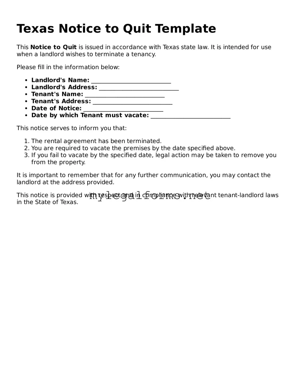 Notice to Quit Document for Texas State
