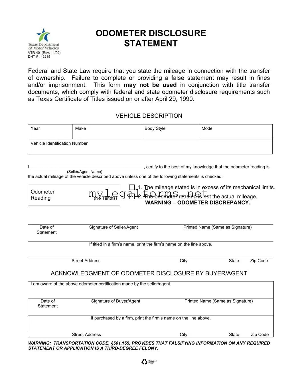 Texas Odometer Statement Template