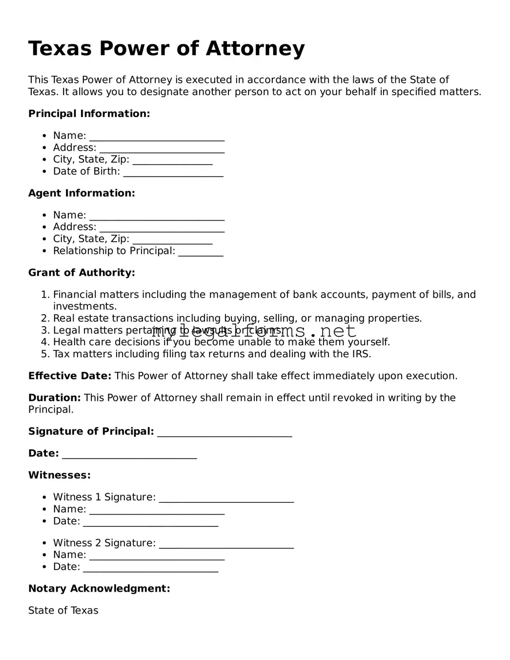 Power of Attorney Document for Texas State