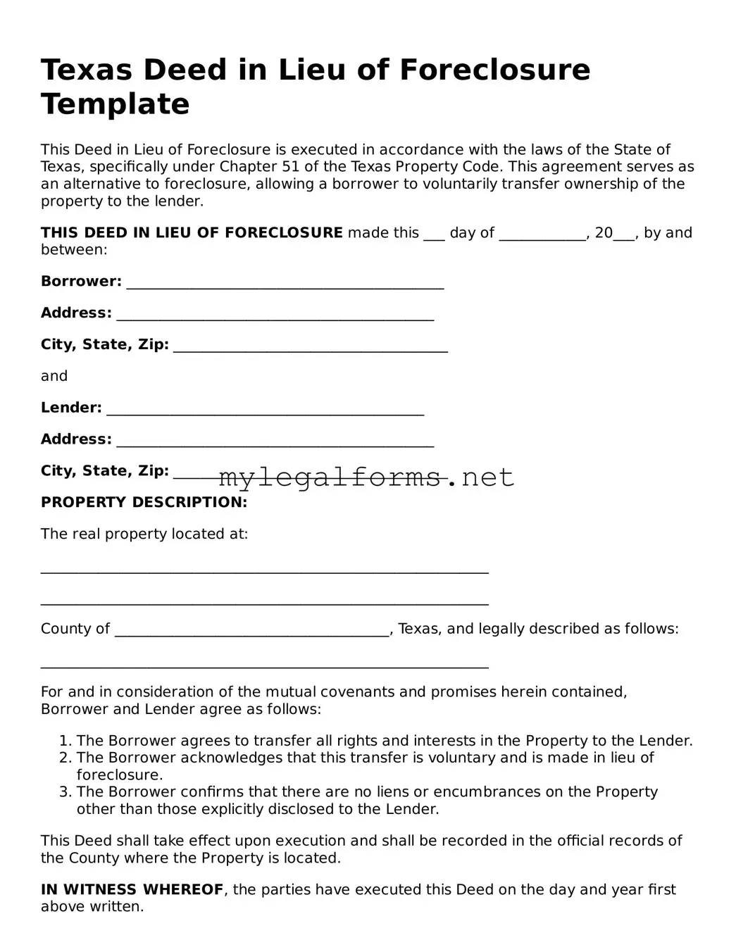 Deed in Lieu of Foreclosure Document for Texas State