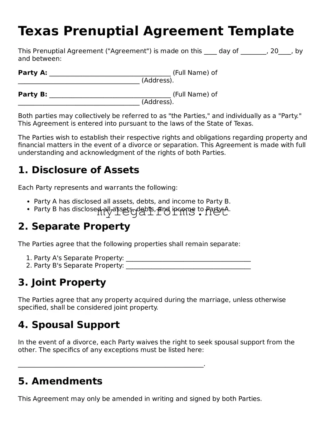 Prenuptial Agreement Document for Texas State