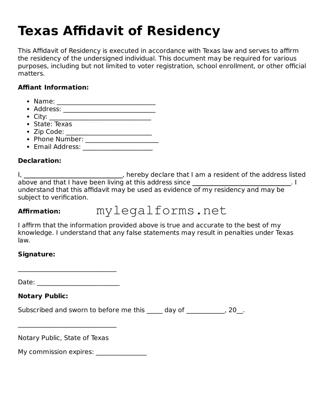 Affidavit of Residency Document for Texas State
