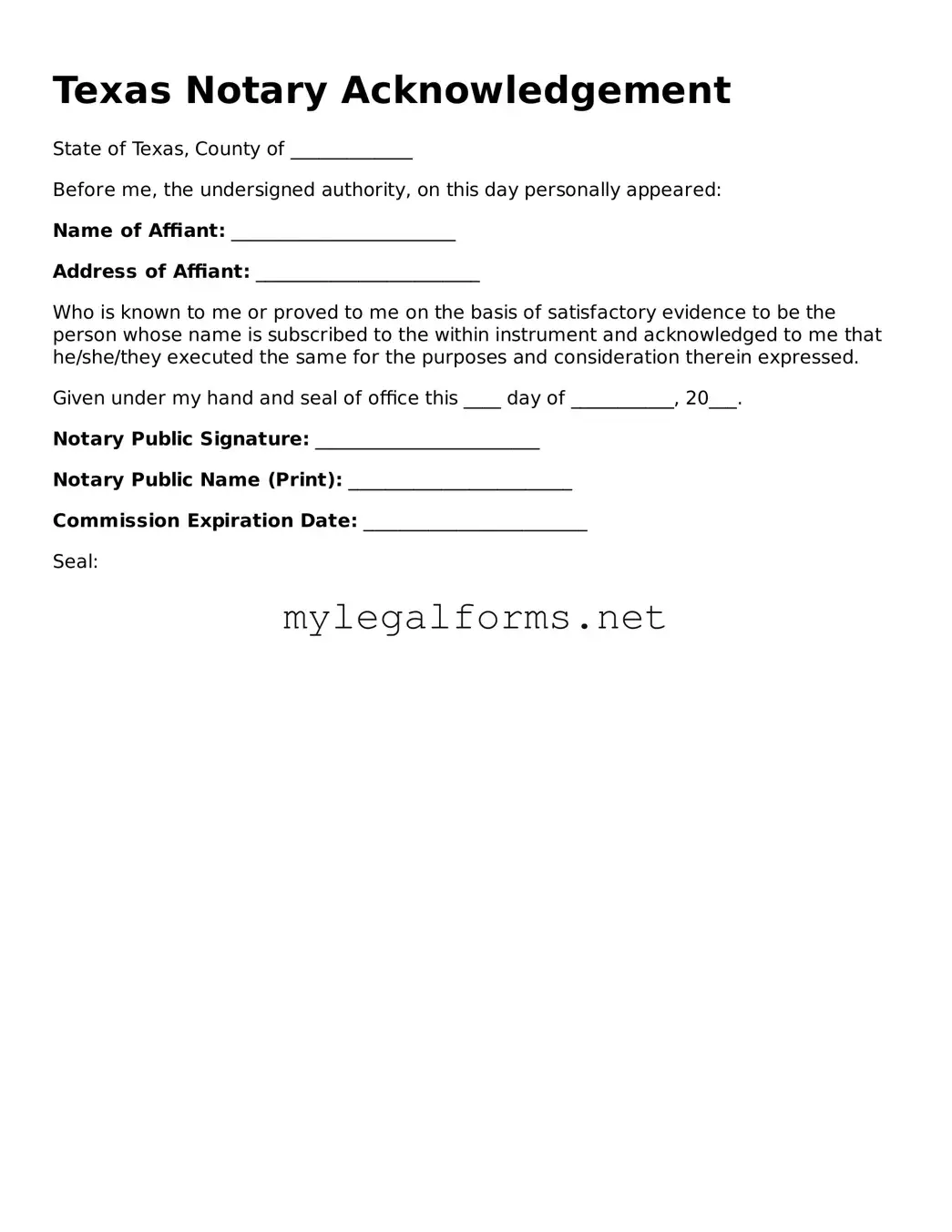 Notary Acknowledgement Document for Texas State