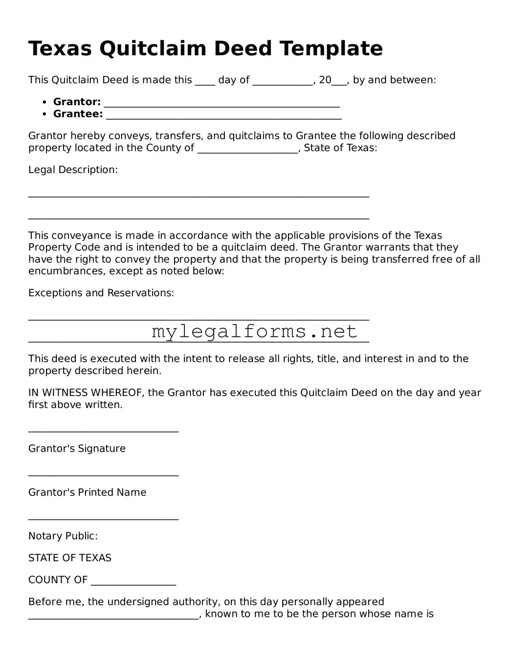 Quitclaim Deed Document for Texas State