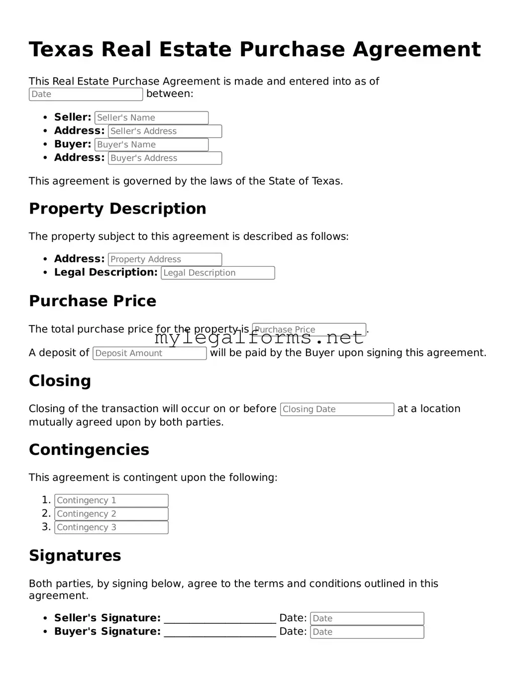 Real Estate Purchase Agreement Document for Texas State