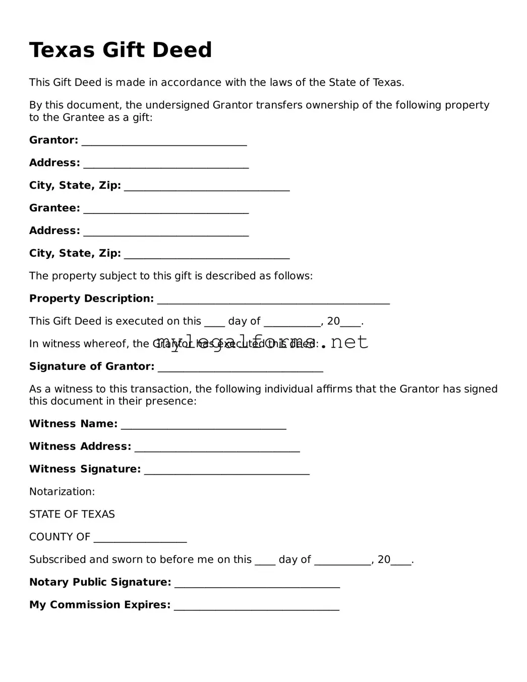 Gift Deed Document for Texas State