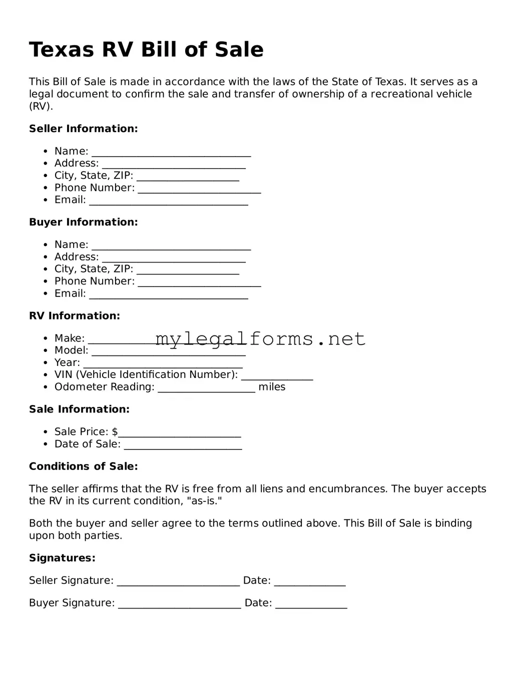RV Bill of Sale Document for Texas State