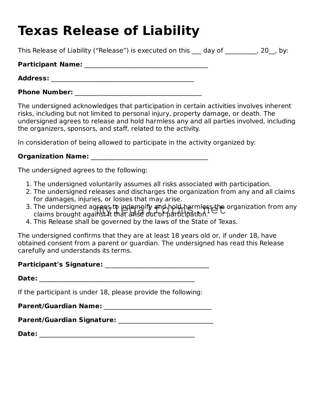Release of Liability Document for Texas State