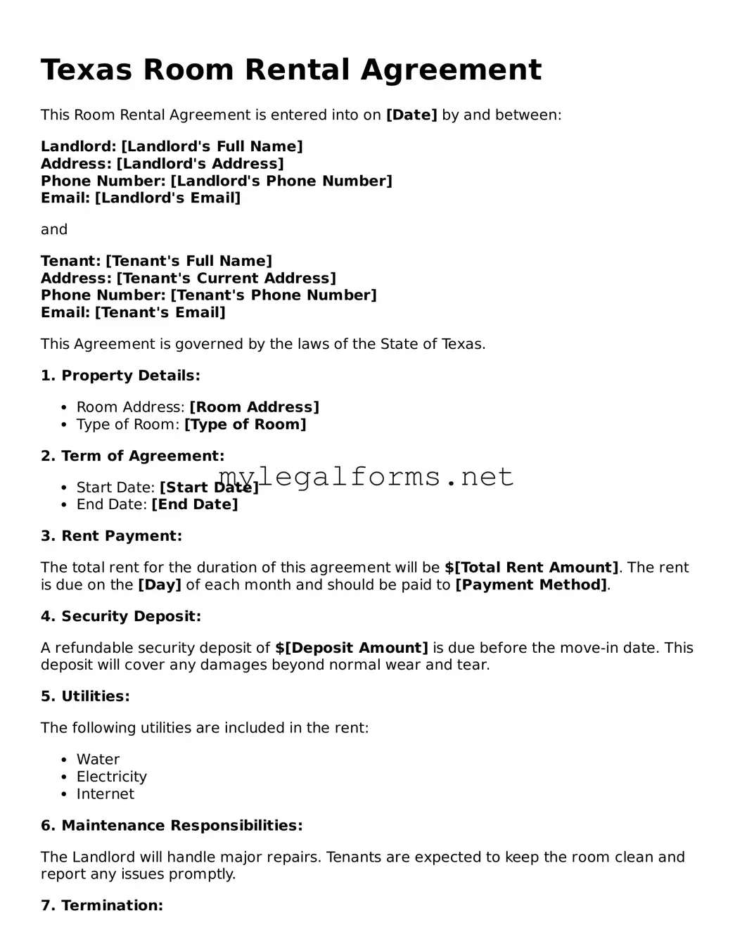 Room Rental Agreement Document for Texas State