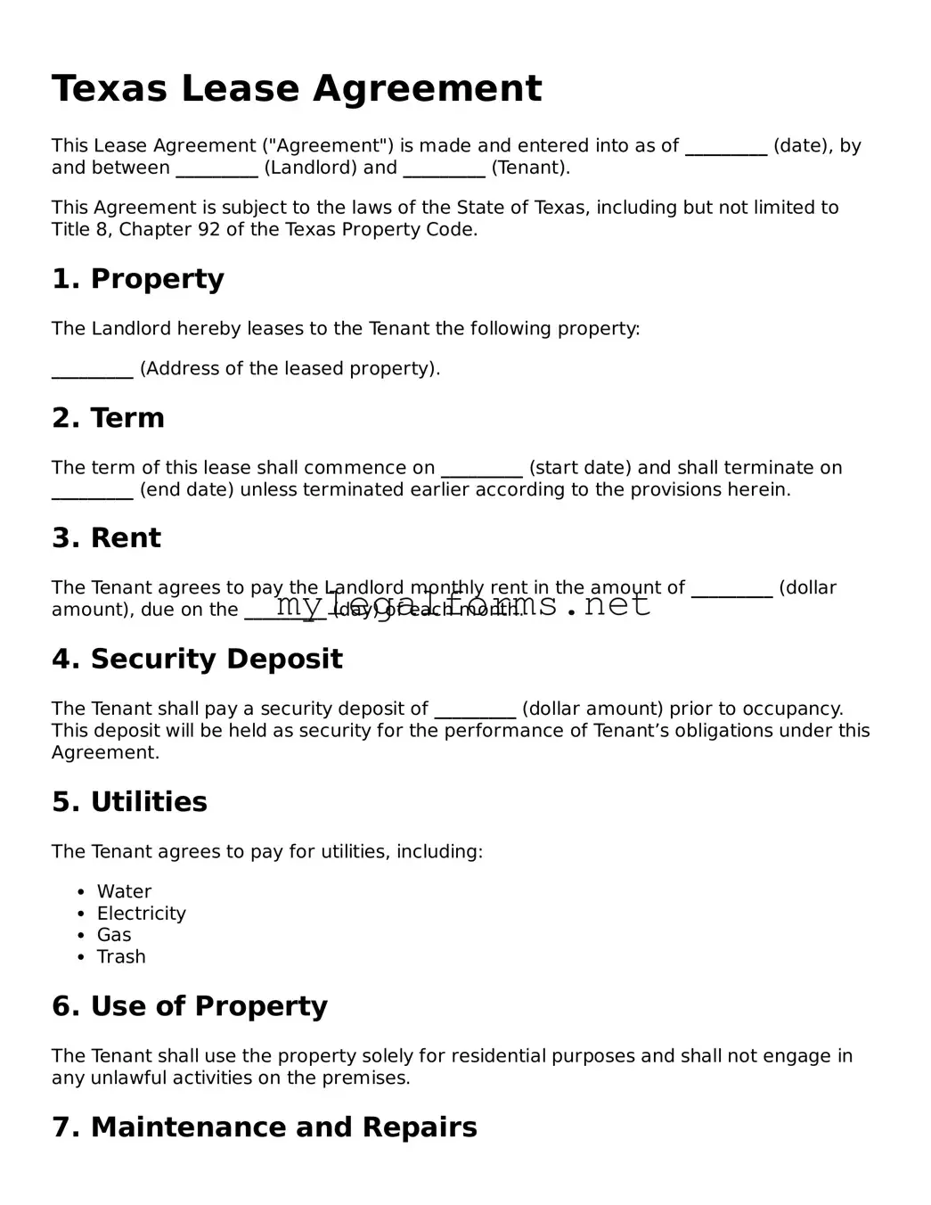 Lease Agreement Document for Texas State