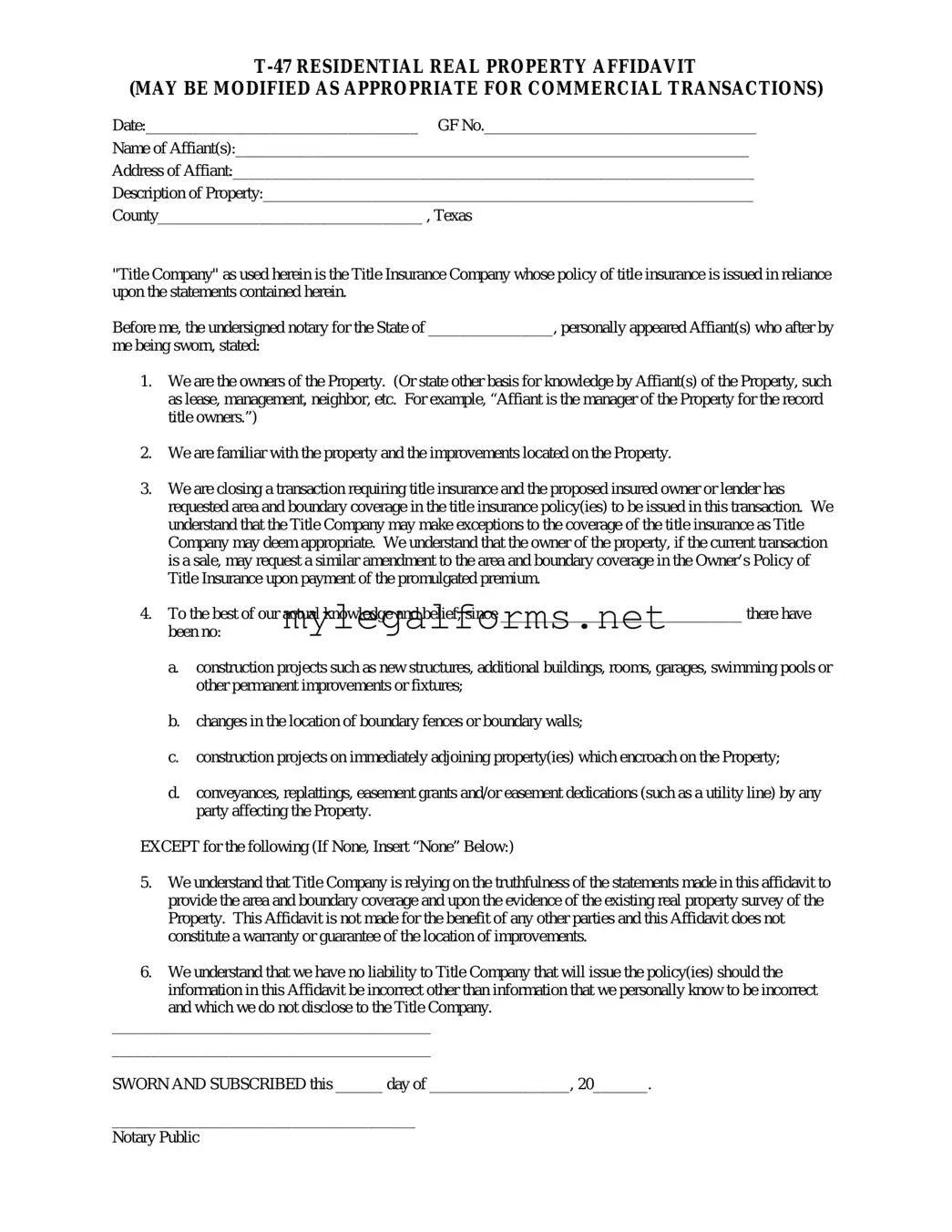 Texas residential property affidavit T-47 Template