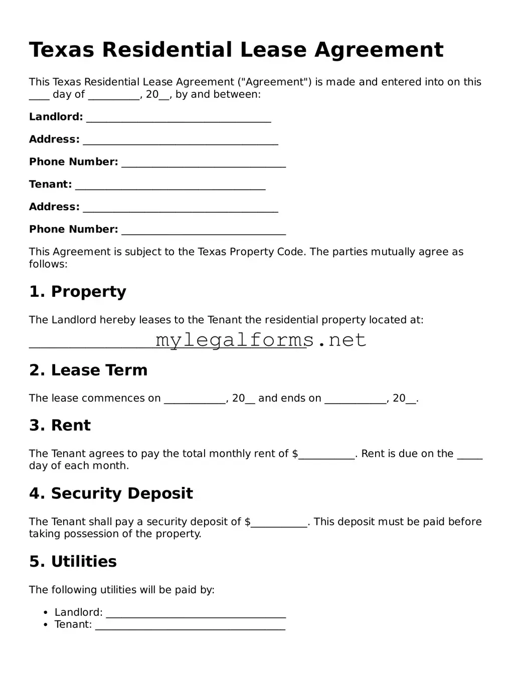 Residential Lease Agreement Document for Texas State