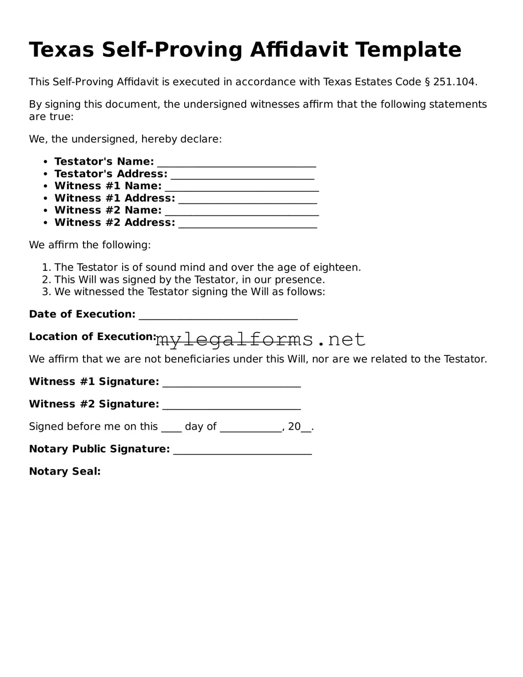 Self-Proving Affidavit Document for Texas State
