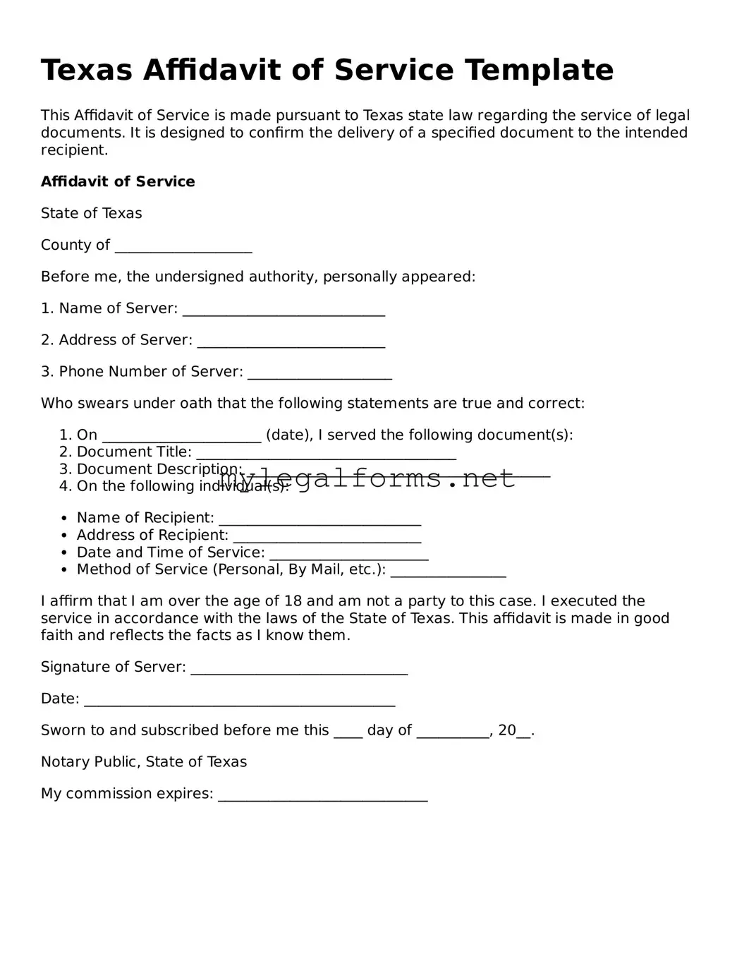 Affidavit of Service Document for Texas State