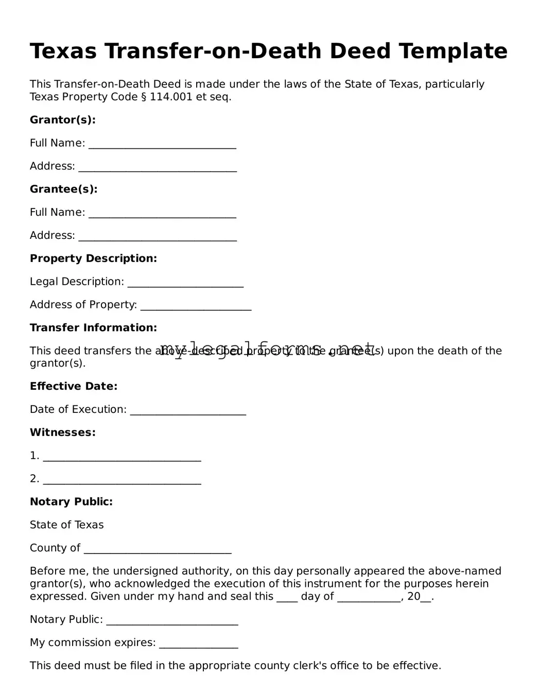 Transfer-on-Death Deed Document for Texas State