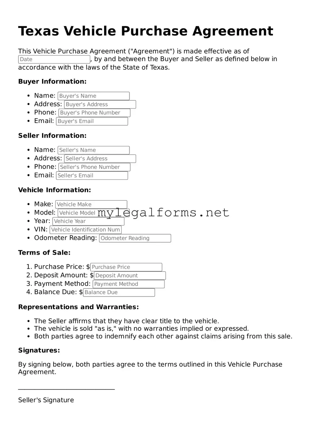 Vehicle Purchase Agreement Document for Texas State
