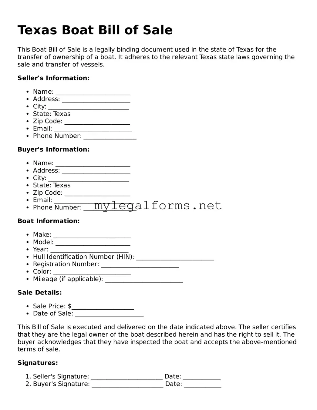 Boat Bill of Sale Document for Texas State