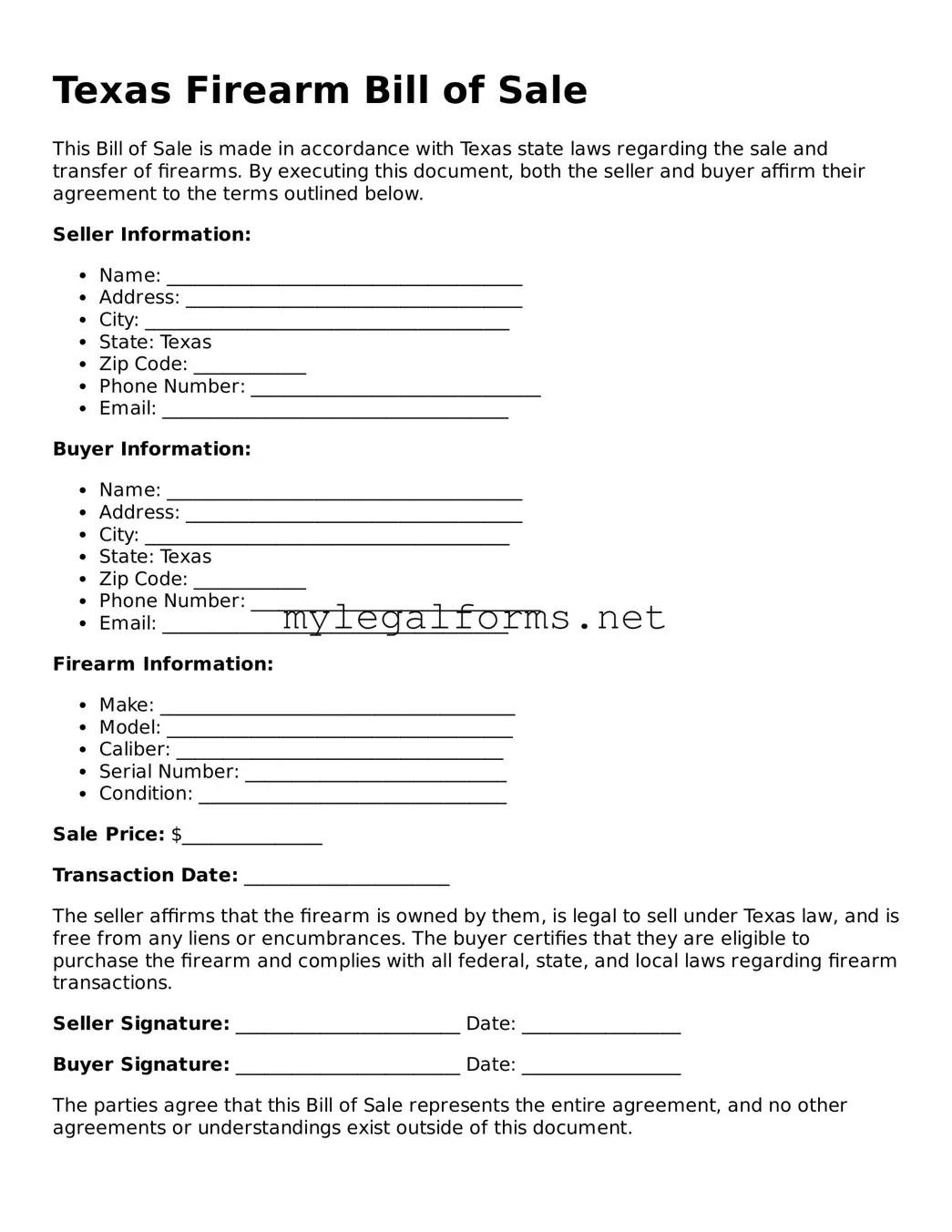 Firearm Bill of Sale Document for Texas State